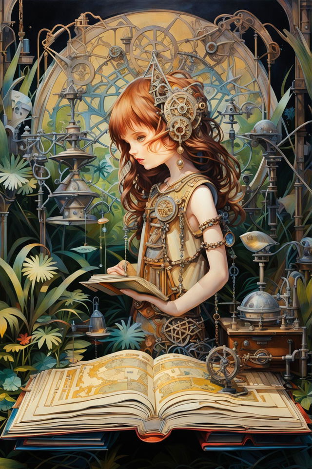 A whimsical paper diorama collage in Alphonse Mucha style featuring a mechanical girl holding a large book in a swamp setting adorned with Celtic jewelry