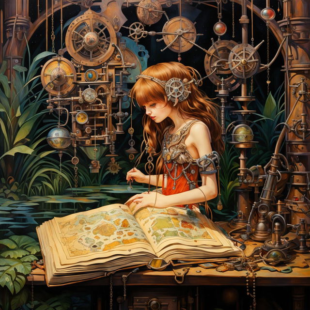 Surreal Alphonse Mucha style paper diorama collage featuring a mechanical girl with a large book in a swamp setting adorned with Celtic jewelry