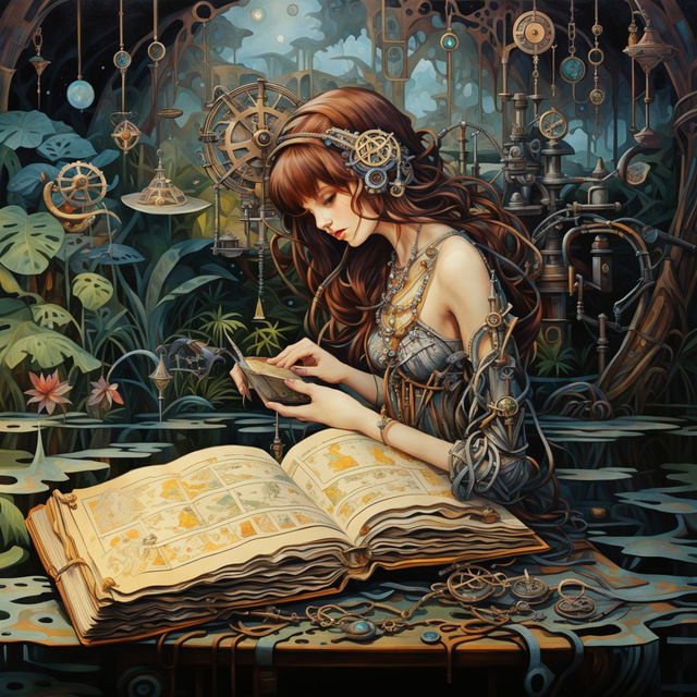 Surreal Alphonse Mucha style paper diorama collage featuring a mechanical girl with a large book in a swamp setting adorned with Celtic jewelry