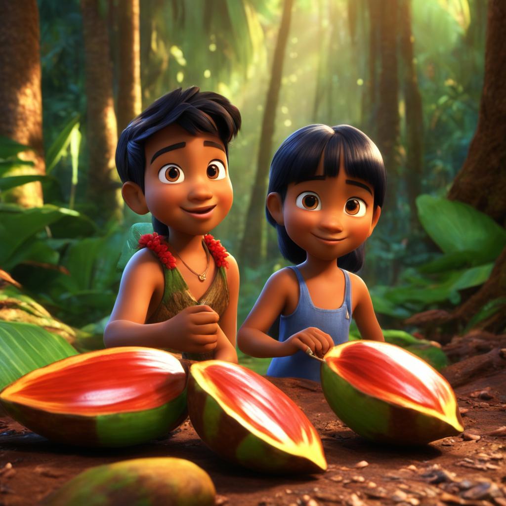 Two seven-year-old Hawaiian children collecting cocoa pods in a vibrant rainforest, rendered in 3D CGI Pixar style.