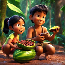 Two seven-year-old Hawaiian children collecting cocoa pods in a vibrant rainforest, rendered in 3D CGI Pixar style.