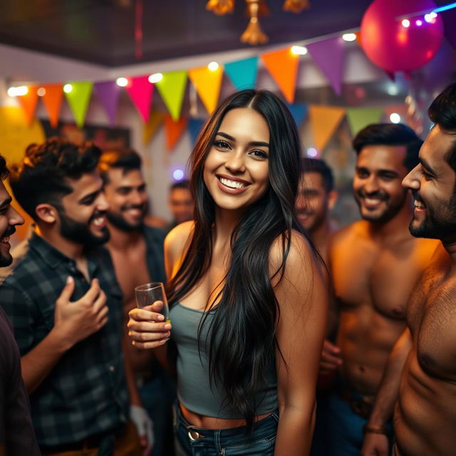 A sensual scene set at a lively house party featuring an attractive young woman with long dark hair and a beautiful smile, embodying the essence of youth and allure