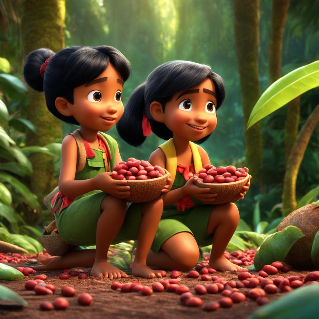 Two seven-year-old Hawaiian children collecting cocoa pods in a vibrant rainforest, rendered in 3D CGI Pixar style.