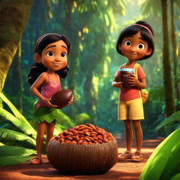 Two seven-year-old Hawaiian children collecting cocoa pods in a vibrant rainforest, rendered in 3D CGI Pixar style.