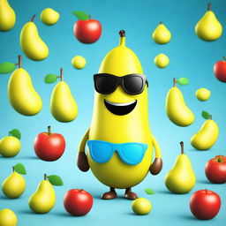 A 3D cartoon illustration of a comedic banana wearing sunglasses, hanging out with its quirky fruit friends.