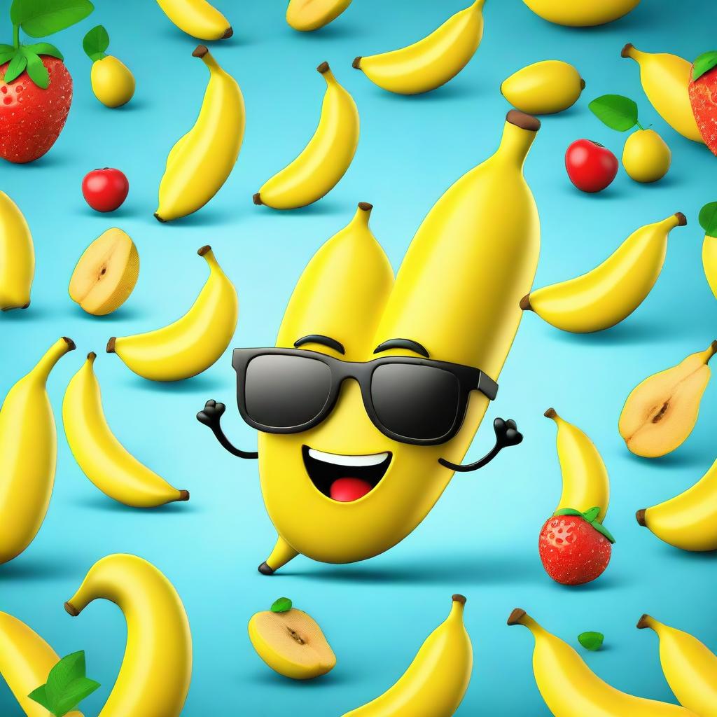 A 3D cartoon illustration of a comedic banana wearing sunglasses, hanging out with its quirky fruit friends.