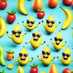 A 3D cartoon illustration of a comedic banana wearing sunglasses, hanging out with its quirky fruit friends.