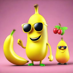 A 3D cartoon illustration of a comedic banana wearing sunglasses, hanging out with its quirky fruit friends.