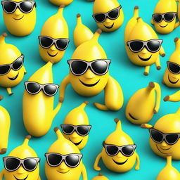 A 3D cartoon illustration overflowing with humorous bananas, each wearing sunglasses and exhibiting unique expressions.