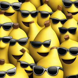 A 3D cartoon illustration overflowing with humorous bananas, each wearing sunglasses and exhibiting unique expressions.