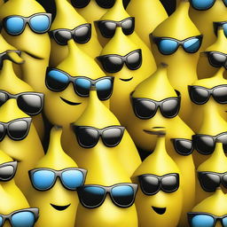 A 3D cartoon illustration overflowing with humorous bananas, each wearing sunglasses and exhibiting unique expressions.