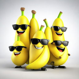 A 3D cartoon illustration overflowing with humorous bananas, each wearing sunglasses and exhibiting unique expressions.