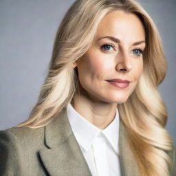 A detailed portrait of a 35-year-old woman with long, blonde hair, elegantly dressed in a classic jacket.