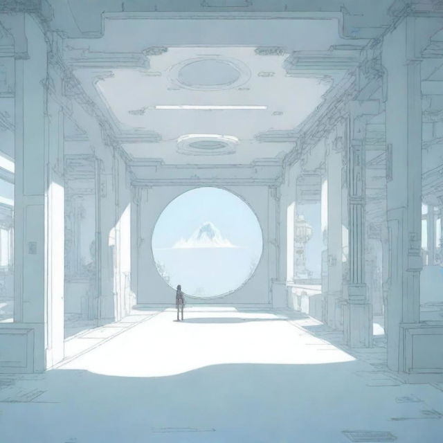 An anime-style first person view of a large, inactive, futuristic portal set in a vast, white room.