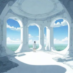 An anime-style first person view of a large, inactive, futuristic portal set in a vast, white room.