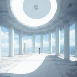 An anime-style first person view of a large, inactive, futuristic portal set in a vast, white room.