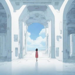 An anime-style first person view of a large, inactive, futuristic portal set in a vast, white room.