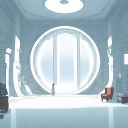 An unlit, enormous, futuristic portal standing solemnly in a spacious, white room rendered in anime-style without any entities present