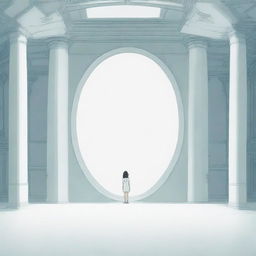 An unlit, enormous, futuristic portal standing solemnly in a spacious, white room rendered in anime-style without any entities present