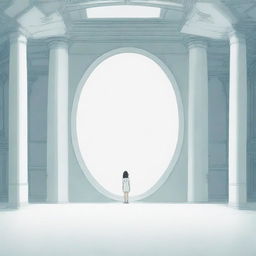 An unlit, enormous, futuristic portal standing solemnly in a spacious, white room rendered in anime-style without any entities present