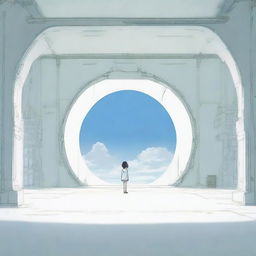 An unlit, enormous, futuristic portal standing solemnly in a spacious, white room rendered in anime-style without any entities present