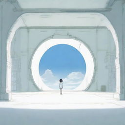 An unlit, enormous, futuristic portal standing solemnly in a spacious, white room rendered in anime-style without any entities present