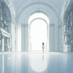 An unlit, enormous, futuristic portal standing solemnly in a spacious, white room rendered in anime-style without any entities present