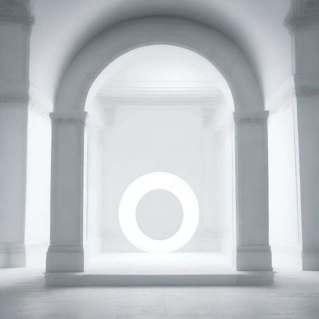 A colossal, unlit portal positioned inside a pristine white room.