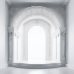 A colossal, unlit portal positioned inside a pristine white room.