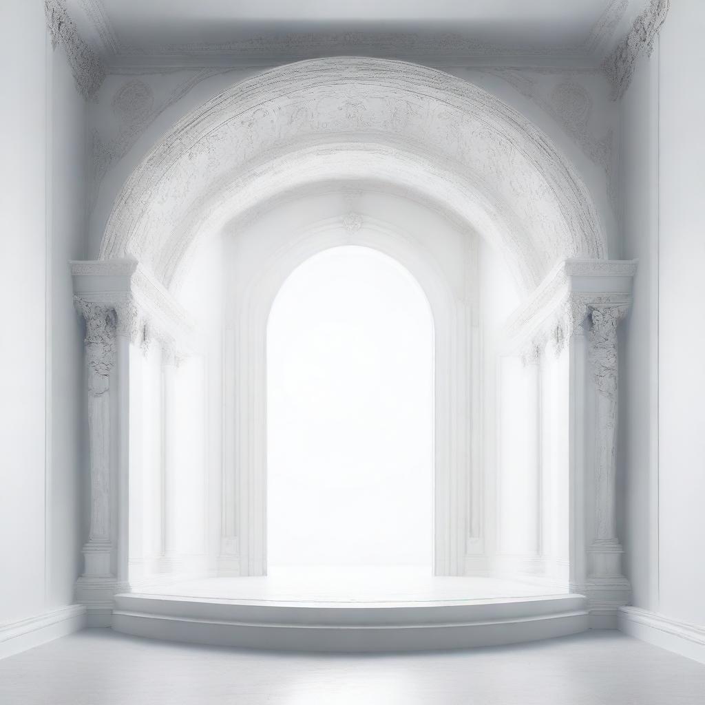 A colossal, unlit portal positioned inside a pristine white room.