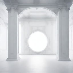 A colossal, unlit portal positioned inside a pristine white room.