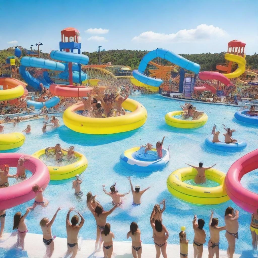 A vast water park filled with all kinds of rides and water games, populated by a joyous crowd in swimwear, with hands raised in the air