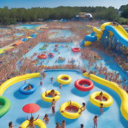 A vast water park filled with all kinds of rides and water games, populated by a joyous crowd in swimwear, with hands raised in the air