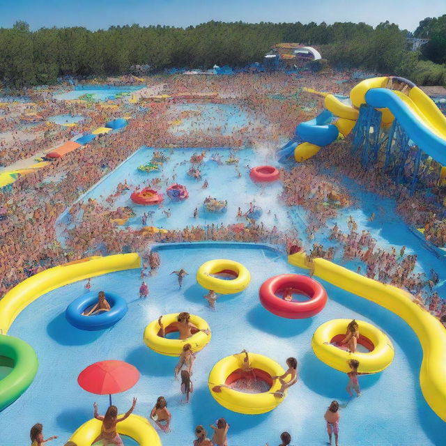 A vast water park filled with all kinds of rides and water games, populated by a joyous crowd in swimwear, with hands raised in the air