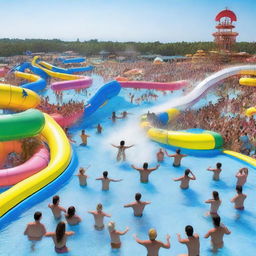 A vast water park filled with all kinds of rides and water games, populated by a joyous crowd in swimwear, with hands raised in the air