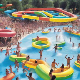 A vast water park filled with all kinds of rides and water games, populated by a joyous crowd in swimwear, with hands raised in the air