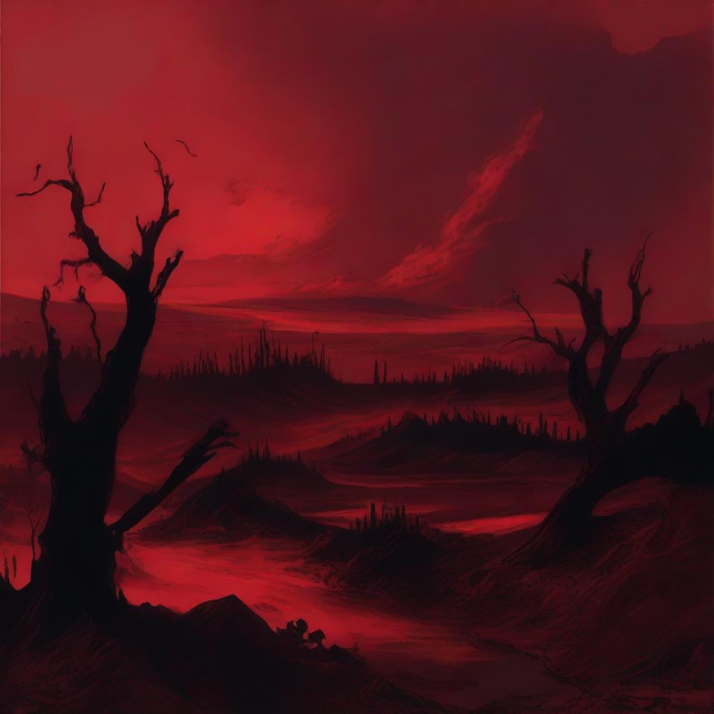 A visceral scene depicting bleak, dark red, hellish landscape under a crimson sky, devoid of any flames.