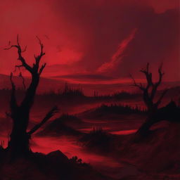 A visceral scene depicting bleak, dark red, hellish landscape under a crimson sky, devoid of any flames.