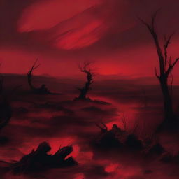 A visceral scene depicting bleak, dark red, hellish landscape under a crimson sky, devoid of any flames.