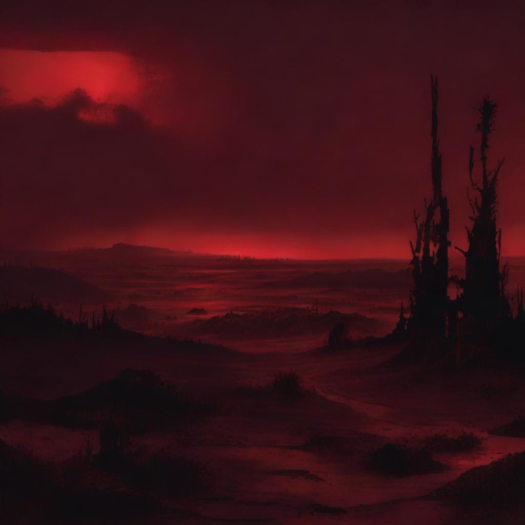 A visceral scene depicting bleak, dark red, hellish landscape under a crimson sky, devoid of any flames.