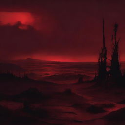 A visceral scene depicting bleak, dark red, hellish landscape under a crimson sky, devoid of any flames.