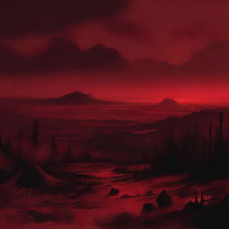 A visceral scene depicting bleak, dark red, hellish landscape under a crimson sky, devoid of any flames.