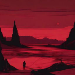 Monochromatic dystopia with a flat, crimson landscape stretching out below an equally scarlet sky.