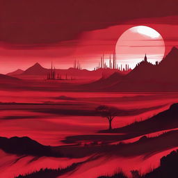 Monochromatic dystopia with a flat, crimson landscape stretching out below an equally scarlet sky.