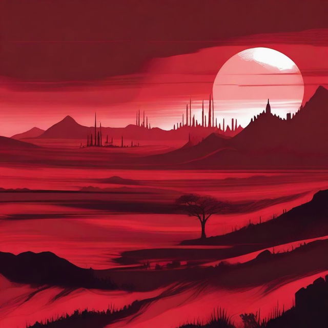 Monochromatic dystopia with a flat, crimson landscape stretching out below an equally scarlet sky.