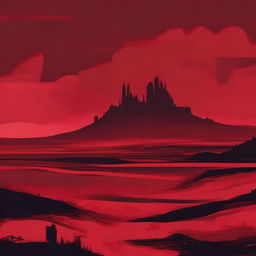 Monochromatic dystopia with a flat, crimson landscape stretching out below an equally scarlet sky.