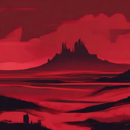 Monochromatic dystopia with a flat, crimson landscape stretching out below an equally scarlet sky.