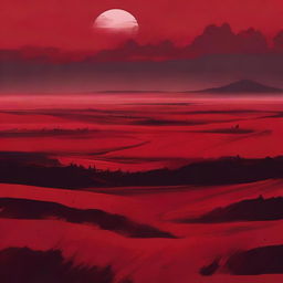 Monochromatic dystopia with a flat, crimson landscape stretching out below an equally scarlet sky.