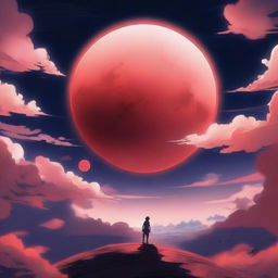 A striking anime-styled background featuring a vast sky with a large, glowing red moon.