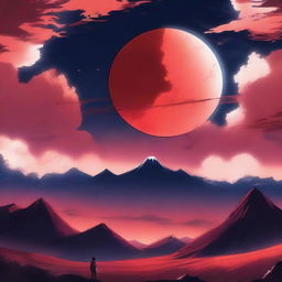 A striking anime-styled background featuring a vast sky with a large, glowing red moon.